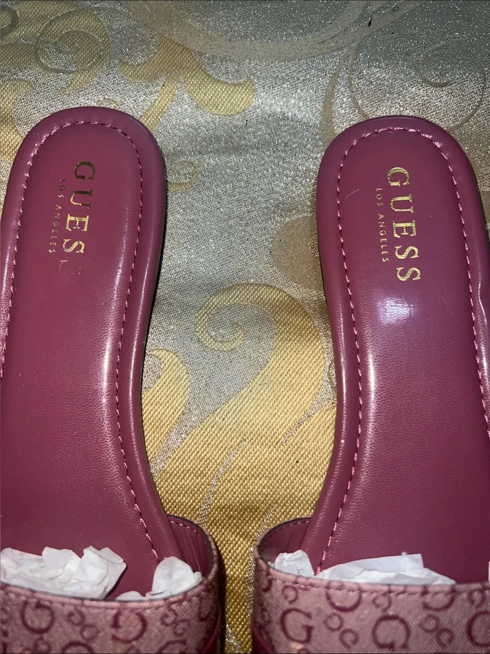 GUESS Hammond Pink Monogram Slides Sandals Gold Hatdware Size 10